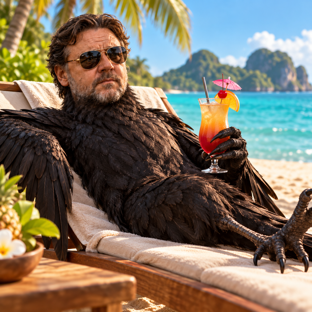 Russell Crow in aviator sunglasses lounging on a beach chair with a cocktail