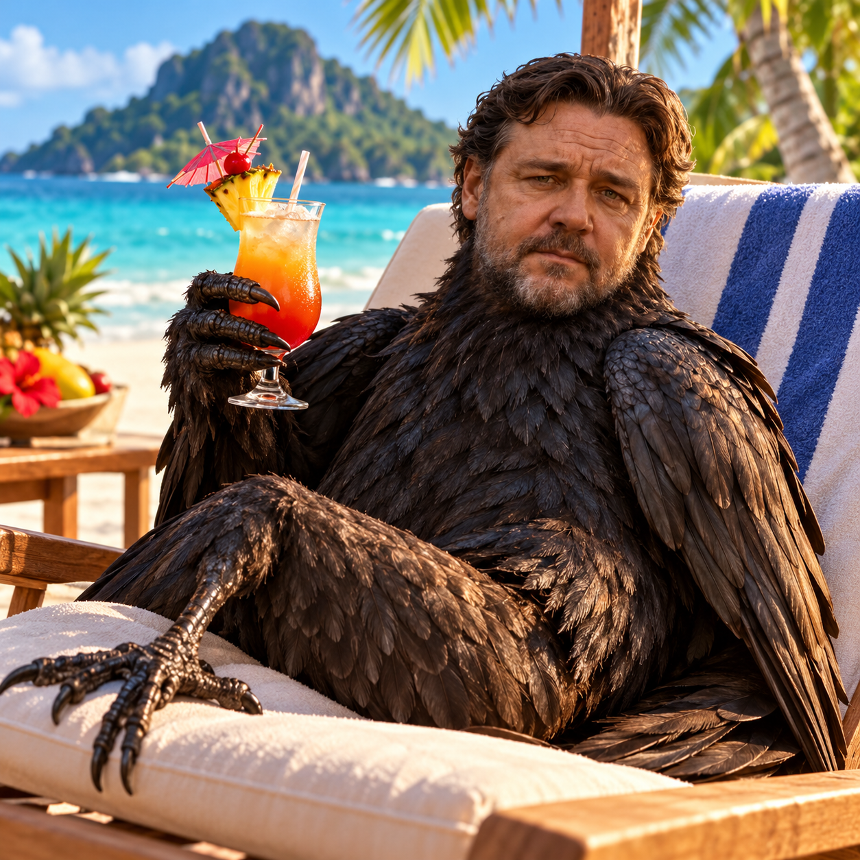 Russell Crow holding a tropical cocktail with a talon on a beach lounger