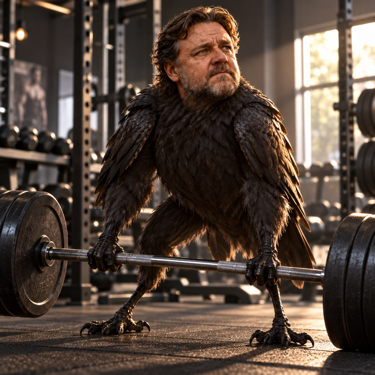 Russell Crow deadlifting a heavy barbell in a sunlit gym