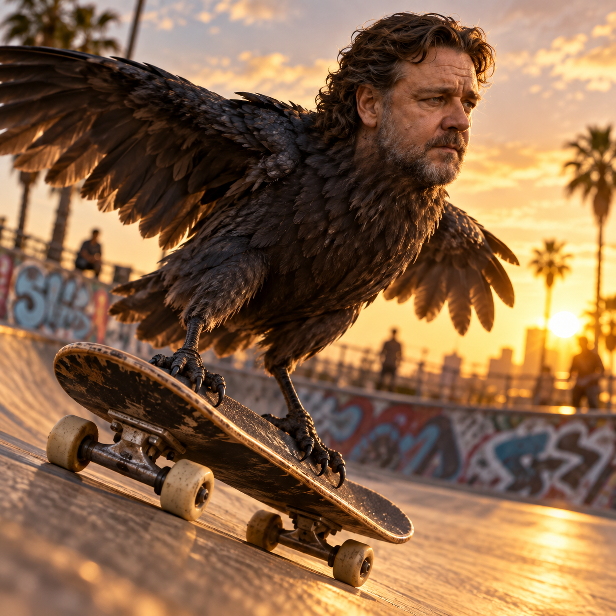 Russell Crow with wings spread riding a skateboard in a skatepark at sunset